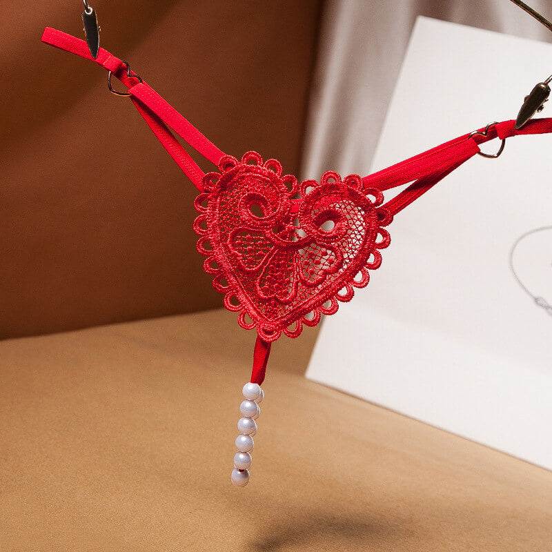 Heart Lace G-string Thong with Pearls for Trans Women detail image 6